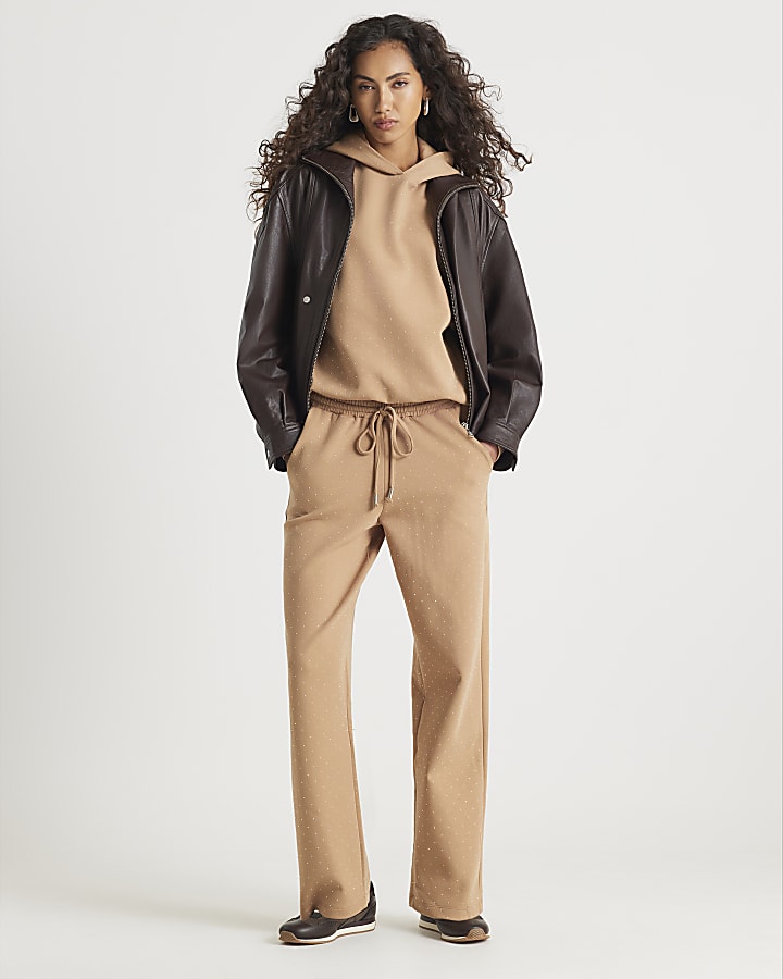 Beige Embellished Detail Hoodie