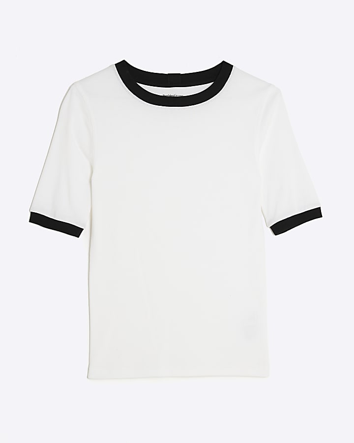 White Short Sleeve Contrast Trim Top