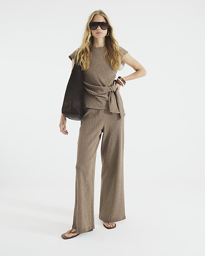 Brown Textured Wide Leg Trousers