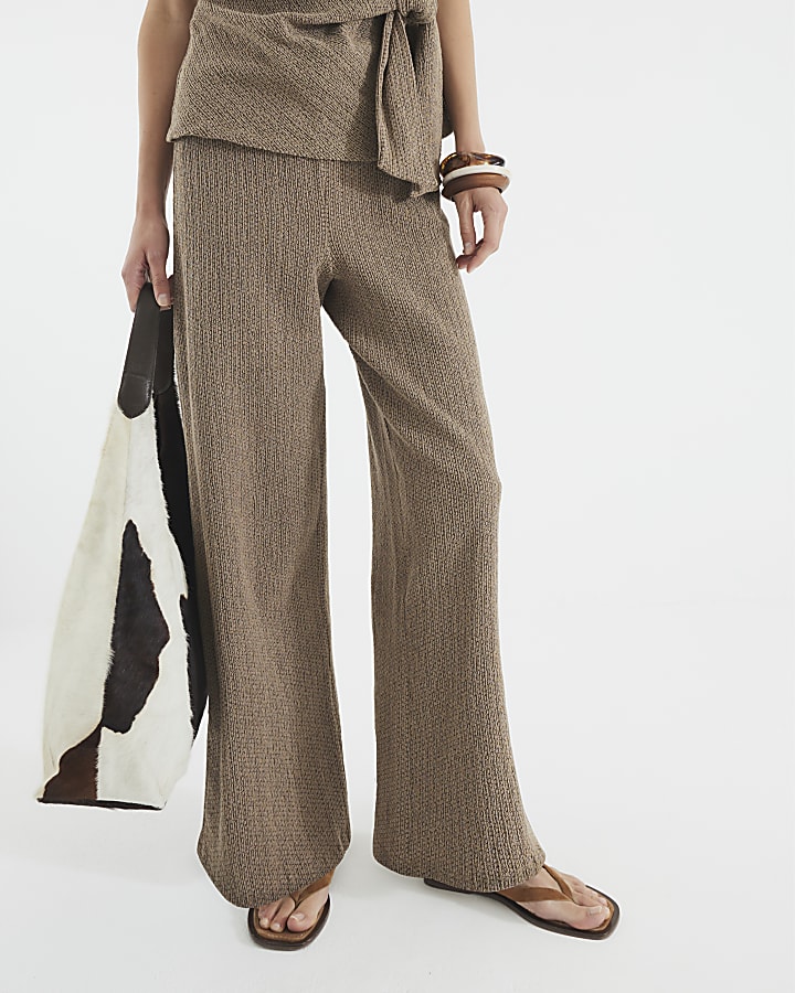Brown Textured Wide Leg Trousers
