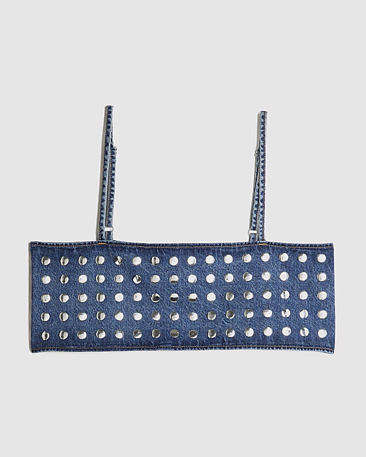 Blue Denim Studded Crop Top