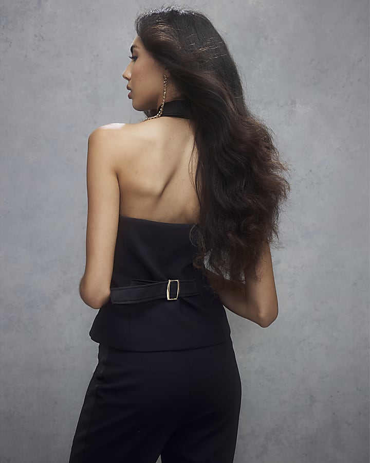 Black Halter Neck Tuxedo Top