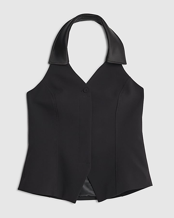 Black Halter Neck Tuxedo Top