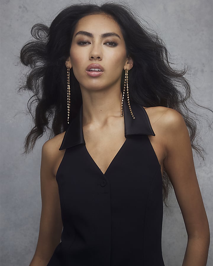 Black Halter Neck Tuxedo Top