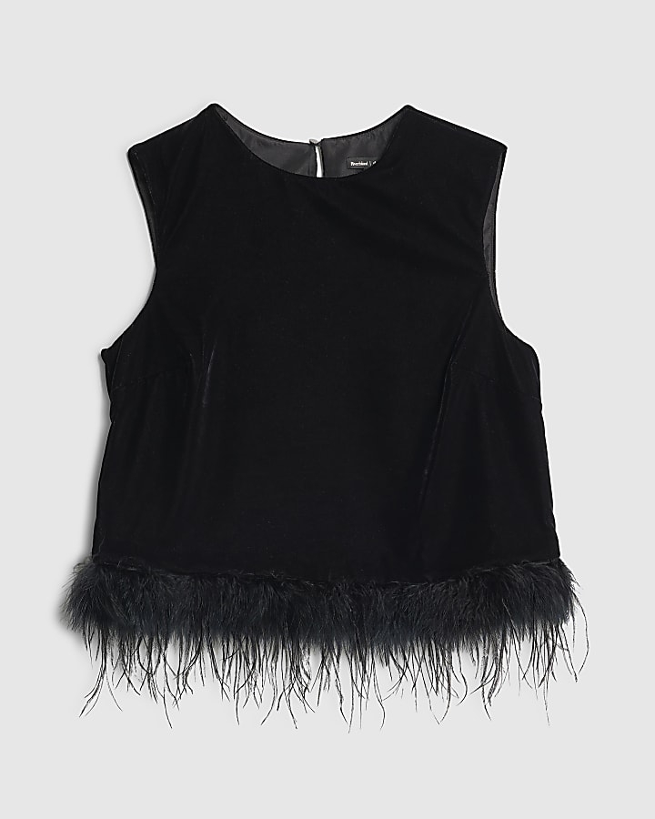 Black Velvet Sleeveless Feather Trim Top