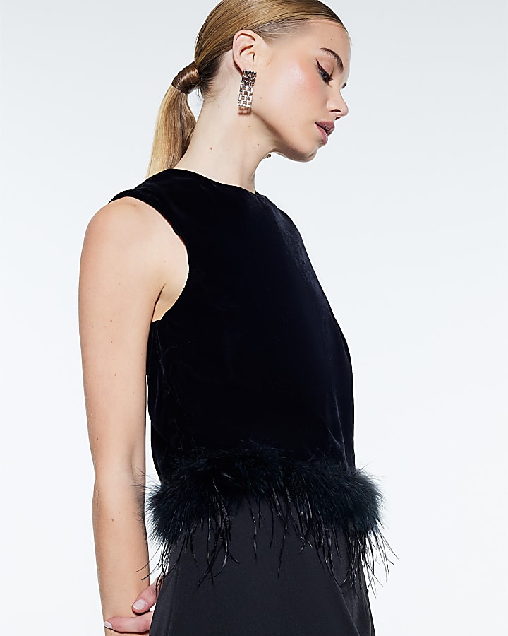 Black Velvet Sleeveless Feather Trim Top