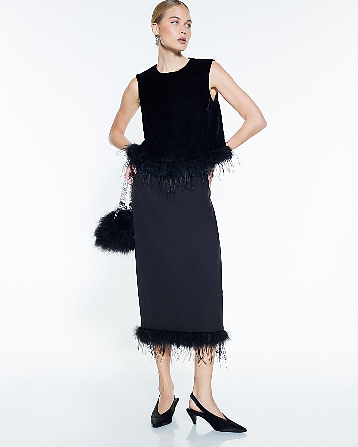 Black Velvet Sleeveless Feather Trim Top