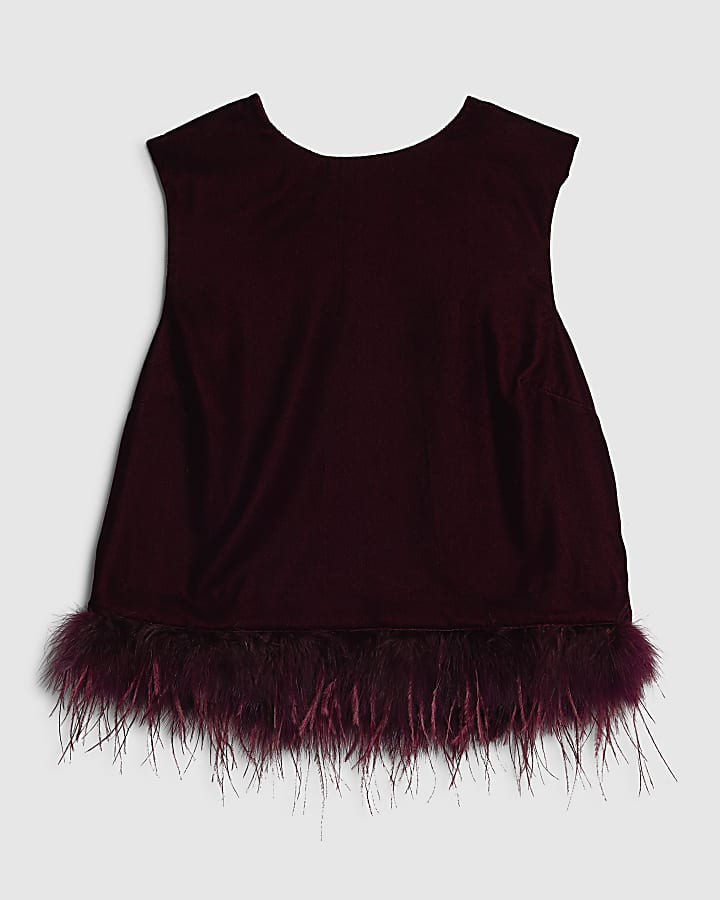 Red Velvet Sleeveless Feather Trim Top