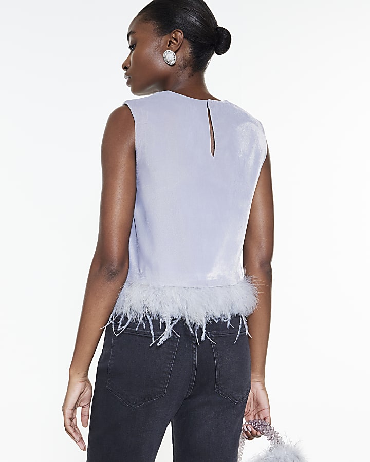 Blue Velvet Sleeveless Feather Trim Top