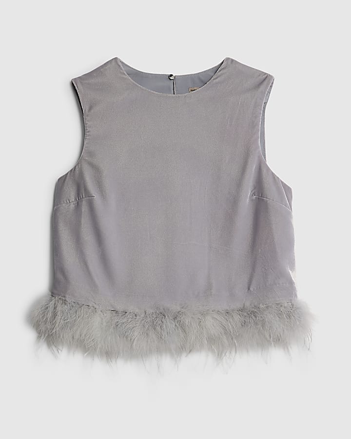 Blue Velvet Sleeveless Feather Trim Top