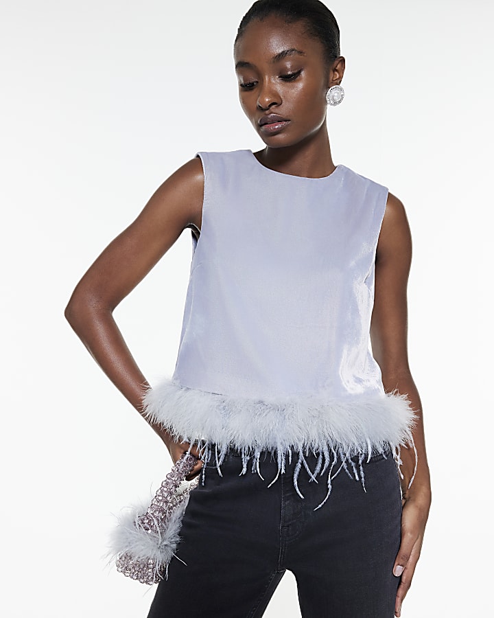 Blue Velvet Sleeveless Feather Trim Top