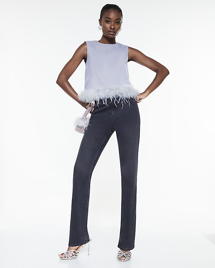Blue Velvet Sleeveless Feather Trim Top
