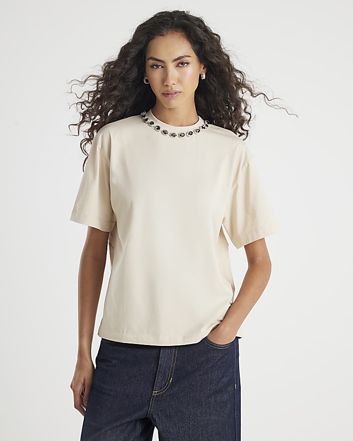 Cream Short Sleeve Twist Back T-shirt