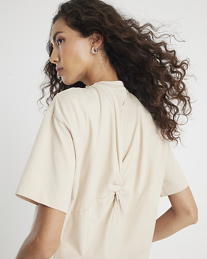 Cream Short Sleeve Twist Back T-shirt