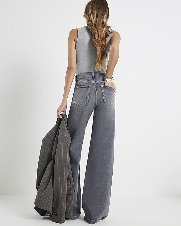 Grey Palazzo Wide Leg Jeans