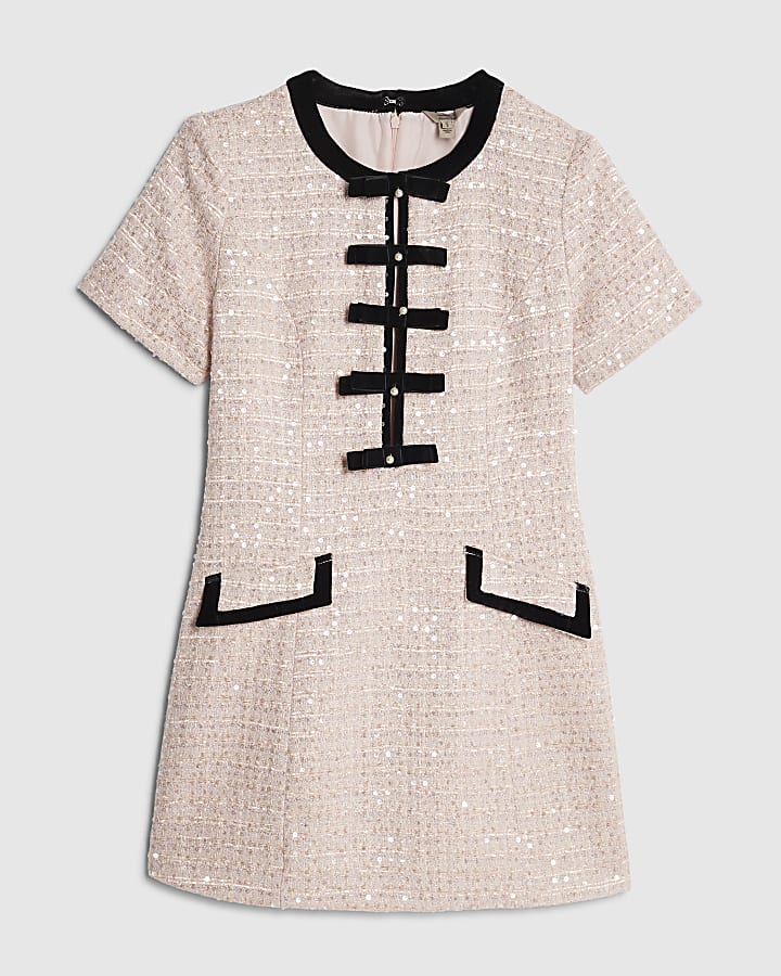 Pink Bow Front Boucle Mini Dress