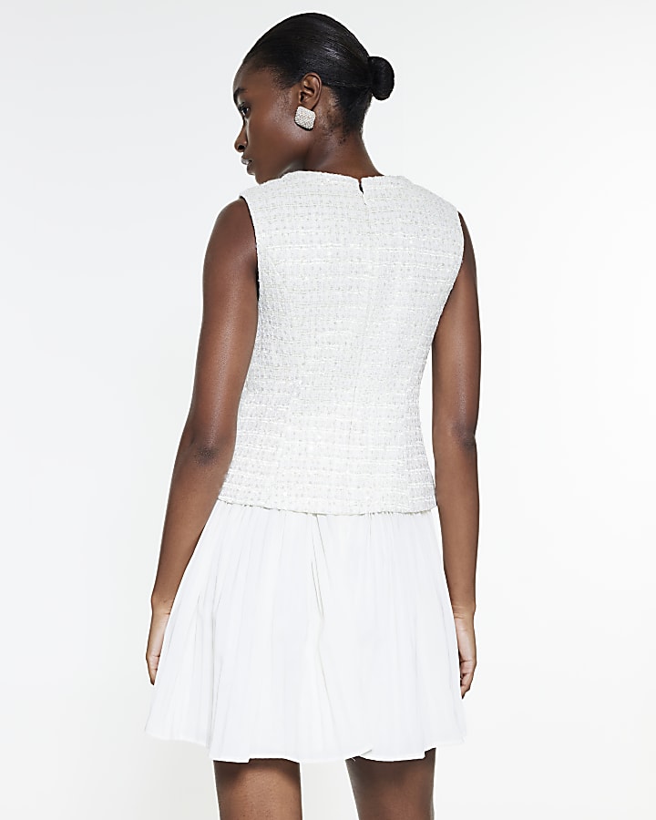 Cream Boucle Hybrid Pleated Mini Dress