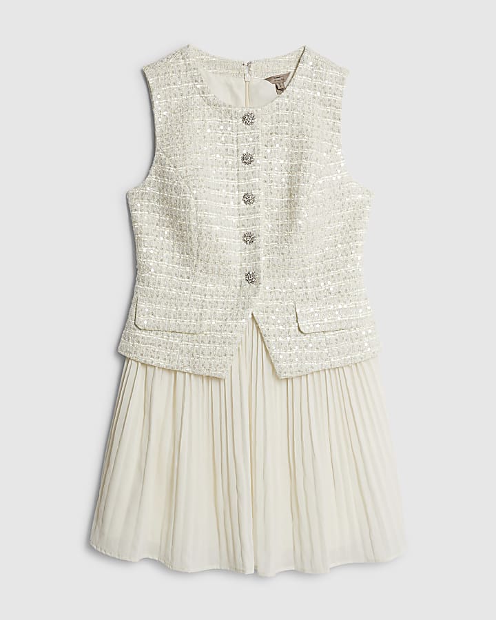 Cream Boucle Hybrid Pleated Mini Dress