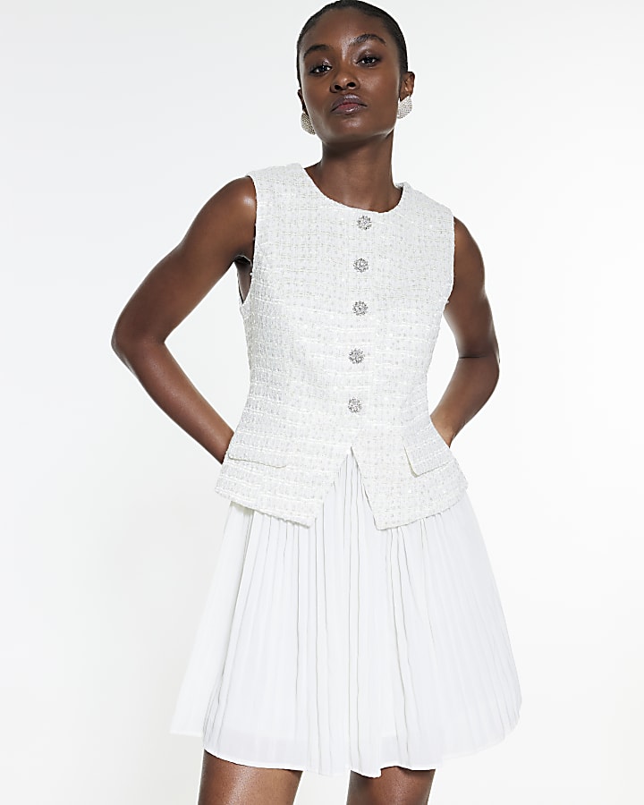 Cream Boucle Hybrid Pleated Mini Dress