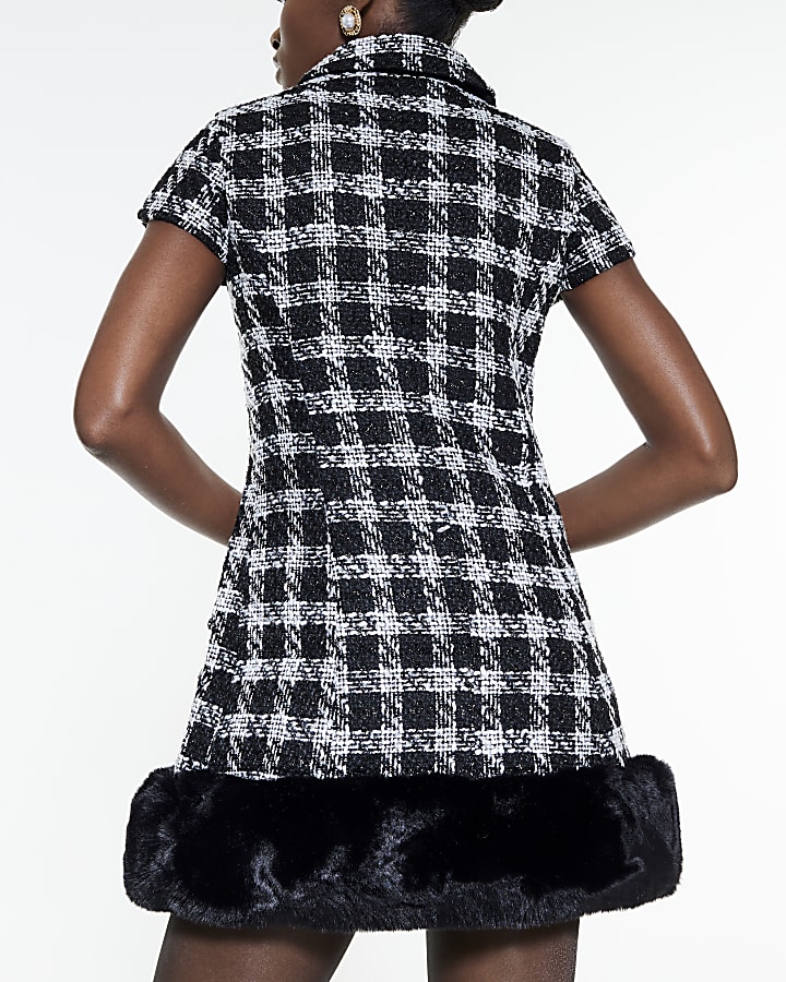 Black Boucle Check Faux Fur Hem Mini Dress