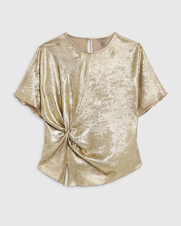 Gold Short Sleeve Knot Front Top