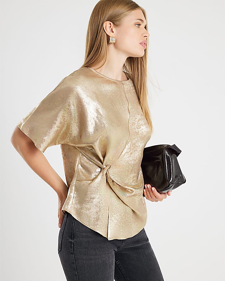 Gold Short Sleeve Knot Front Top