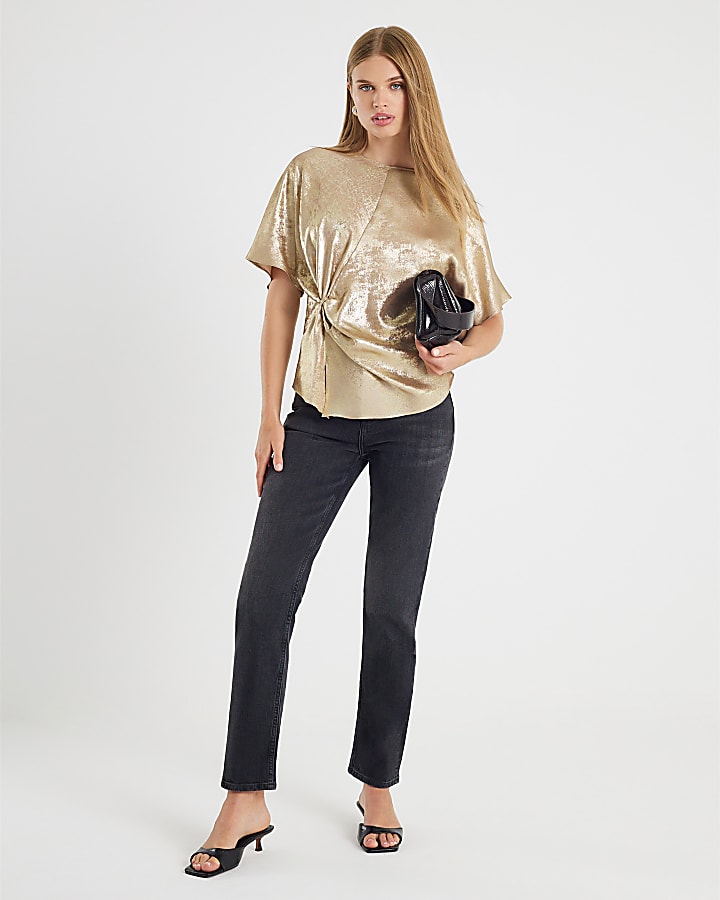 Gold Short Sleeve Knot Front Top