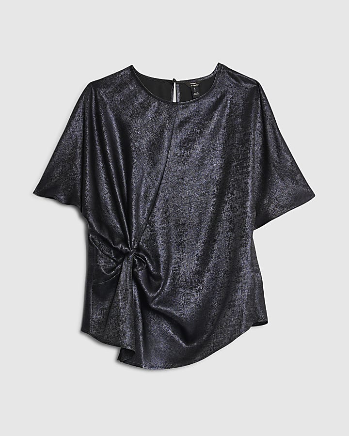 Navy Short Sleeve Knot Front Top