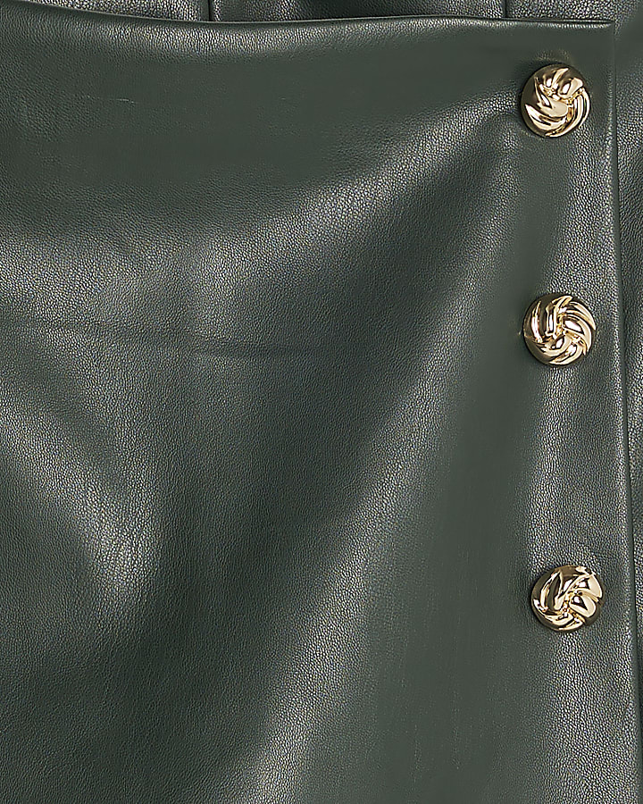 Green Faux Leather Asymmetric Skort