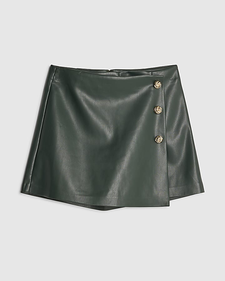 Green Faux Leather Asymmetric Skort