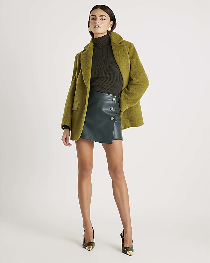 Green Faux Leather Asymmetric Skort
