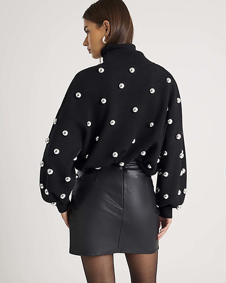Black Faux Leather Ruched Side Mini Skirt