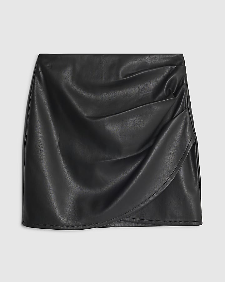 Black Faux Leather Ruched Side Mini Skirt
