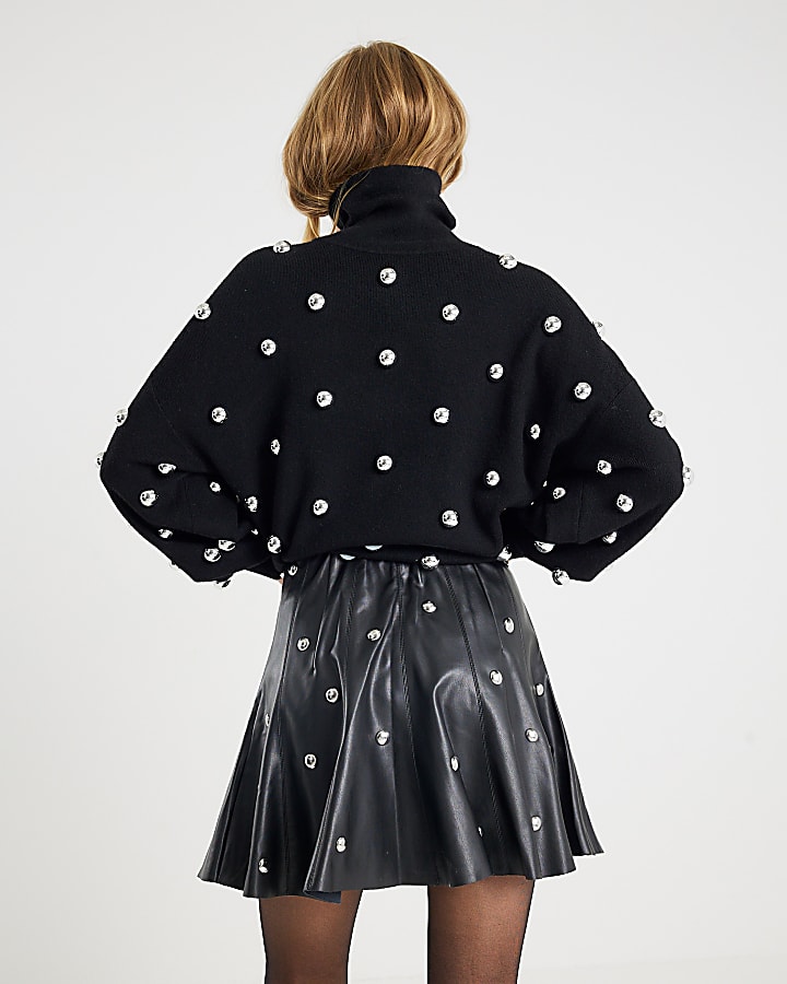 Black Faux Leather Studded Mini Skirt