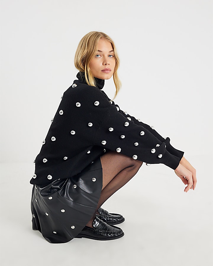 Black Faux Leather Studded Mini Skirt