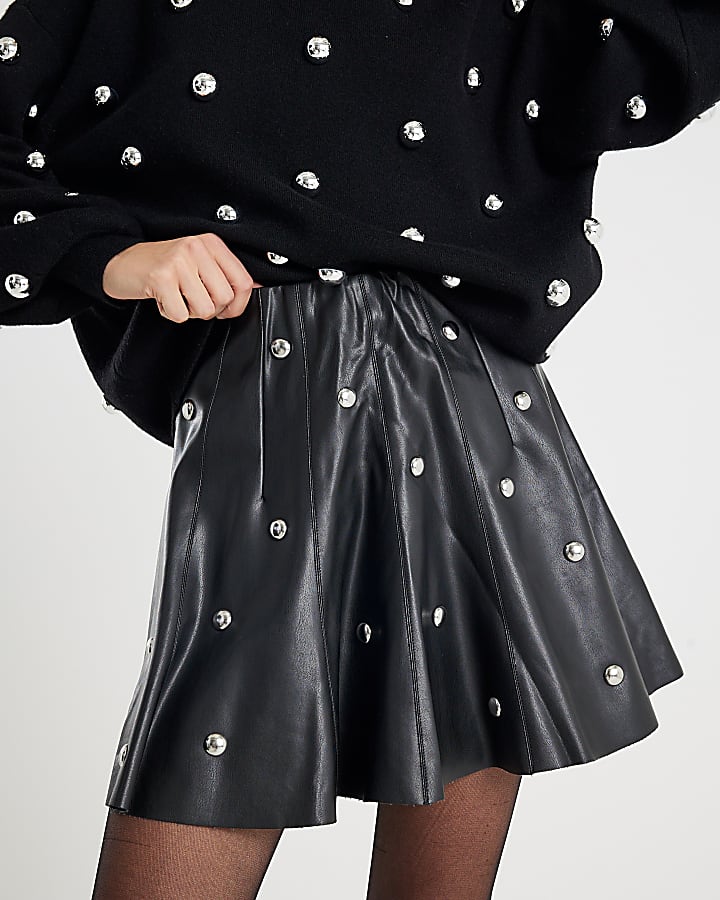 Black Faux Leather Studded Mini Skirt