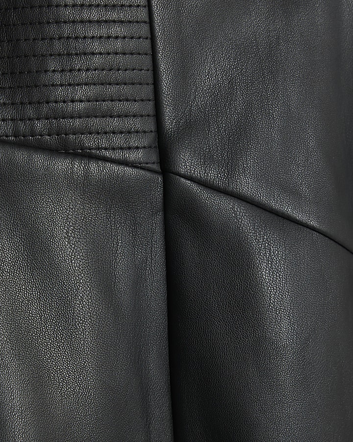 Black Faux Leather Corset Waist Midi Skirt