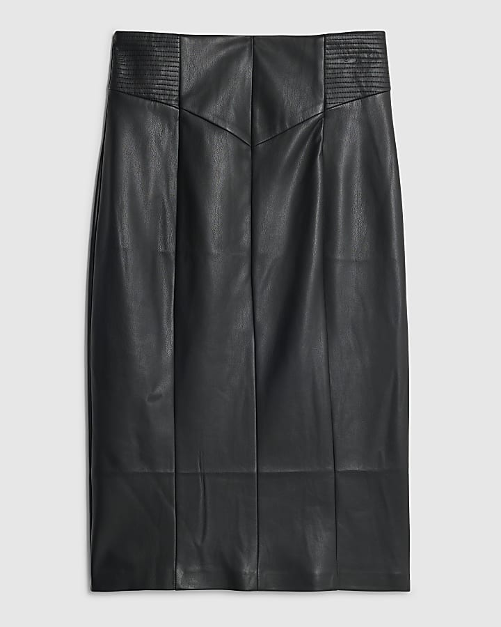 Black Faux Leather Corset Waist Midi Skirt