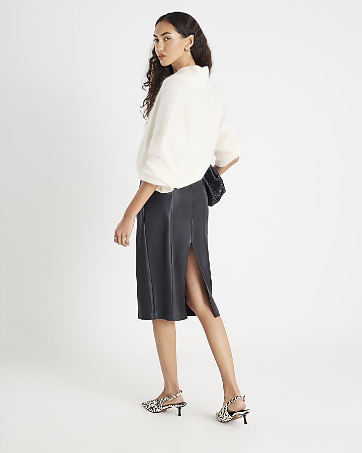 Black Faux Leather Corset Waist Midi Skirt