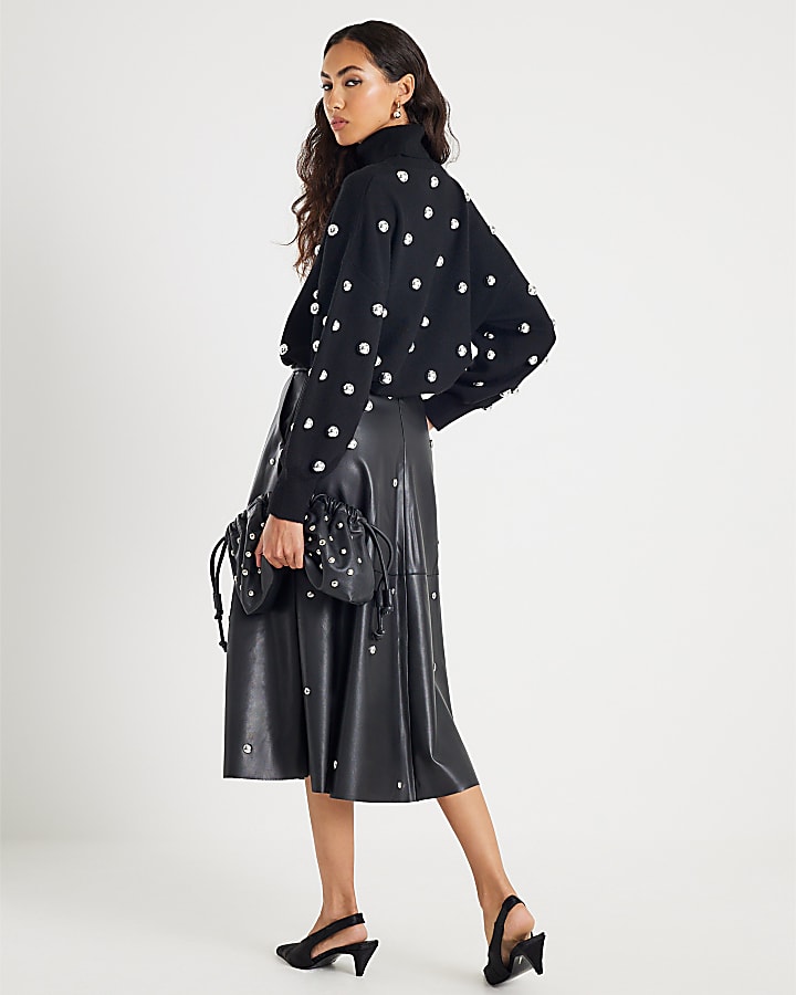 Black Faux Leather Studded A line Midi Dress