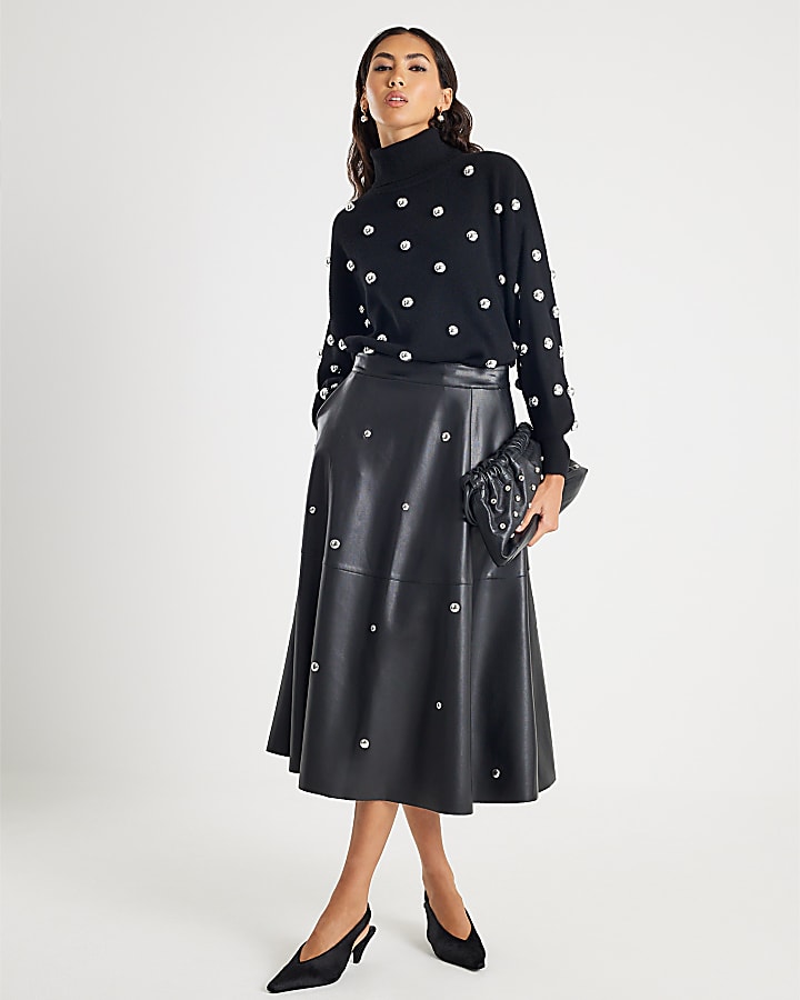 Black Faux Leather Studded A line Midi Dress