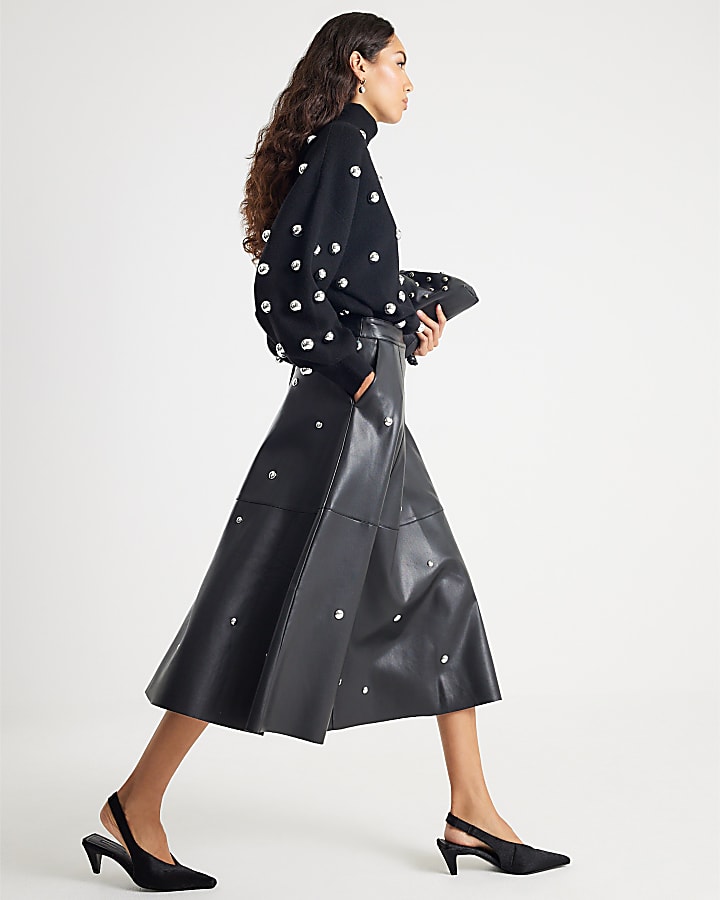 Black Faux Leather Studded A line Midi Dress