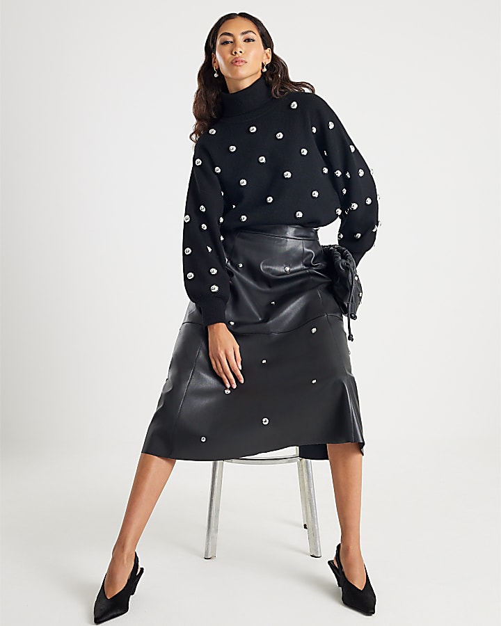 Black Faux Leather Studded A line Midi Dress