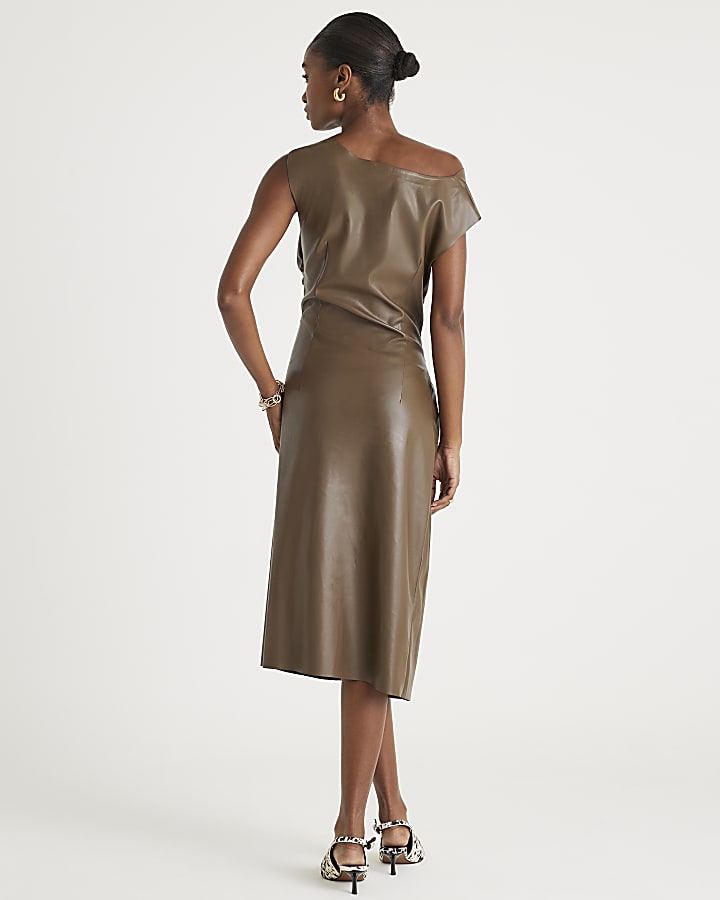 Brown Drape Shoulder Faux Leather Midi Dress