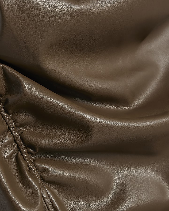 Brown Drape Shoulder Faux Leather Midi Dress
