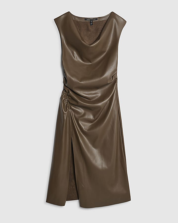 Brown Drape Shoulder Faux Leather Midi Dress
