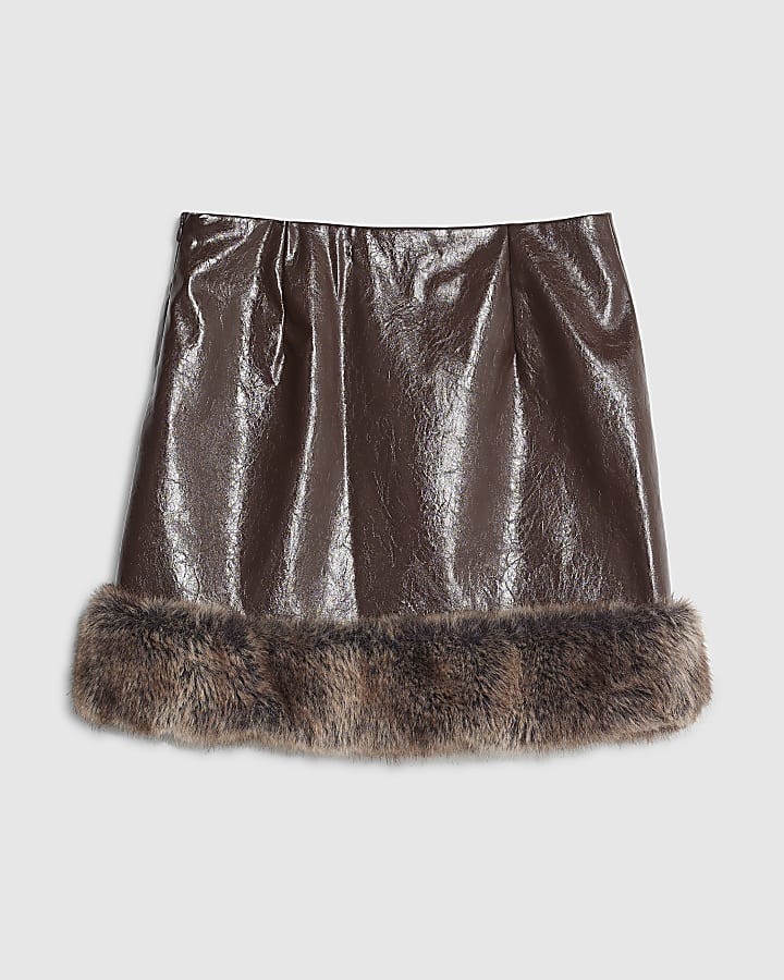 Brown Faux Fur Trim Mini Skirt