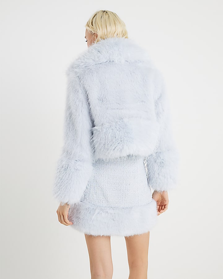 Blue Faux Fur Trim Boucle Trophy Jacket