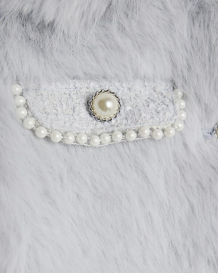 Blue Faux Fur Trim Boucle Trophy Jacket