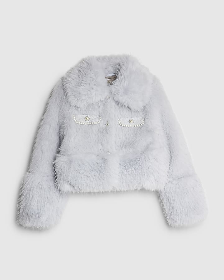 Blue Faux Fur Trim Boucle Trophy Jacket